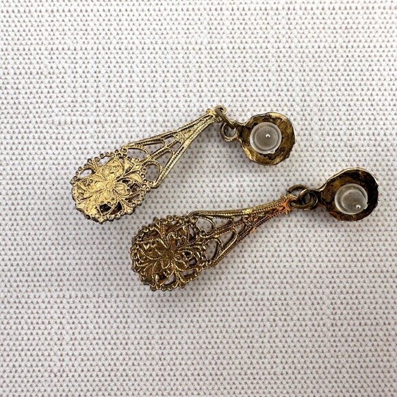 Vintage Gold Tone Filigree Dangle Earrings With Faux Seed Pearls For Pierced Ear - Picture 7 of 10